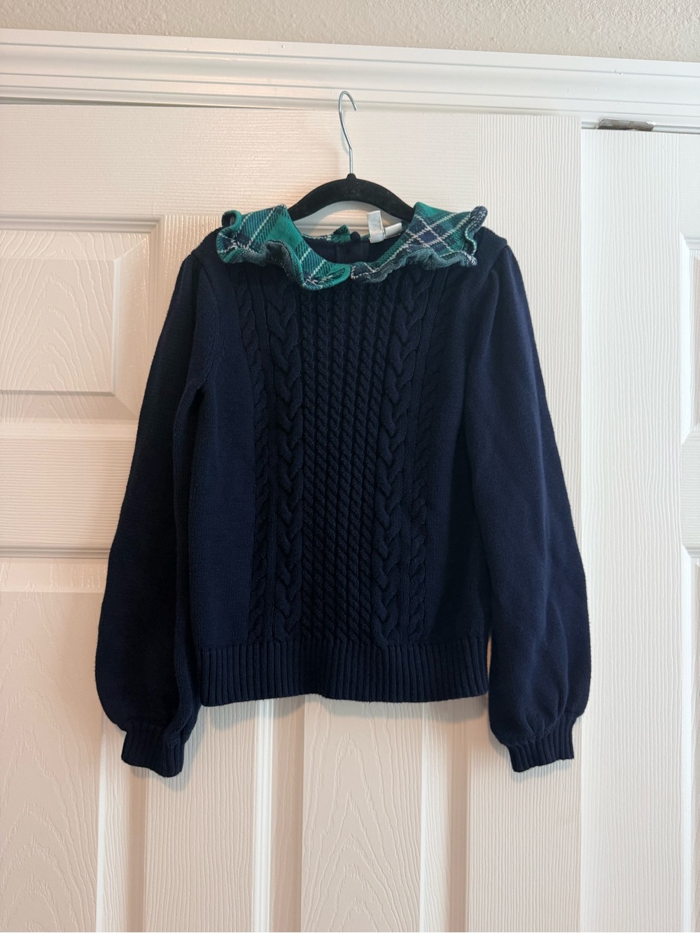 Janie and Jack Navy Cable-Knit Sweater with Green Plaid Ruffle Collar